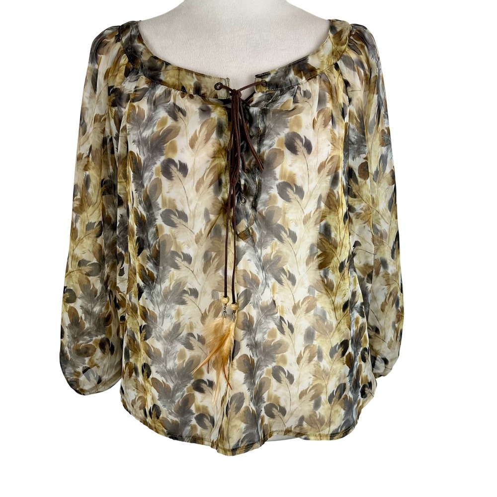 Umgee Sheer Feather Tie Front Top Medium Leather Tassel Boho Top Earthy Nature